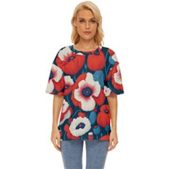 Red Poppies Flowers Art Nature Pattern Oversized Basic T-shirt