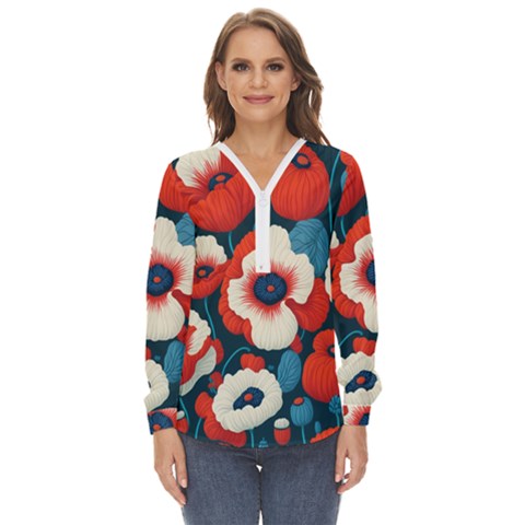 Red Poppies Flowers Art Nature Pattern Zip Up Long Sleeve Blouse by Maspions