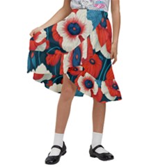 Red Poppies Flowers Art Nature Pattern Kids  Ruffle Flared Wrap Midi Skirt