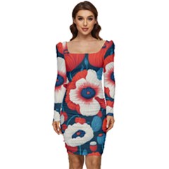 Red Poppies Flowers Art Nature Pattern Women Long Sleeve Ruched Stretch Jersey Dress