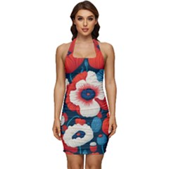 Red Poppies Flowers Art Nature Pattern Sleeveless Wide Square Neckline Ruched Bodycon Dress by Maspions