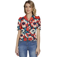 Red Poppies Flowers Art Nature Pattern Puffed Short Sleeve Button Up Jacket