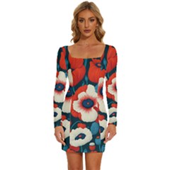 Red Poppies Flowers Art Nature Pattern Long Sleeve Square Neck Bodycon Velvet Dress by Maspions