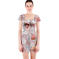 Vintage Floral Flower Art Nature Blooming Blossom Botanical Botany Pattern Short Sleeve Bodycon Dress