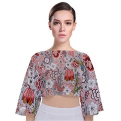 Vintage Floral Flower Art Nature Blooming Blossom Botanical Botany Pattern Tie Back Butterfly Sleeve Chiffon Top