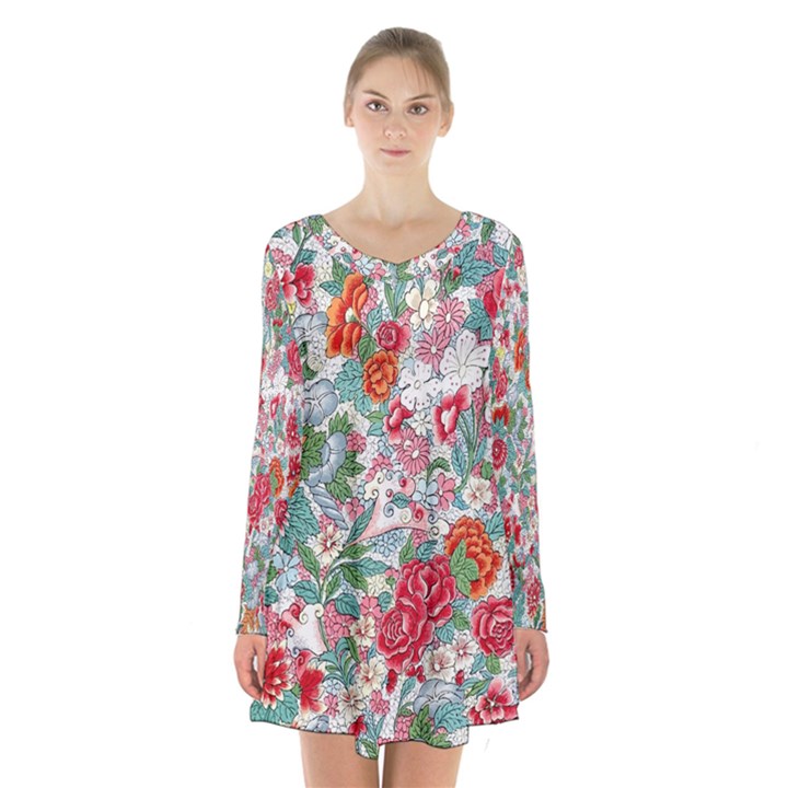 Flower Bloom Blossom Botanical Color Colorful Colour Element Digital Floral Floral Pattern Long Sleeve Velvet V-neck Dress