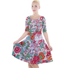 Flower Bloom Blossom Botanical Color Colorful Colour Element Digital Floral Floral Pattern Quarter Sleeve A-line Dress by Maspions