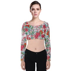 Flower Bloom Blossom Botanical Color Colorful Colour Element Digital Floral Floral Pattern Velvet Long Sleeve Crop Top by Maspions