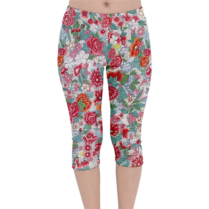 Flower Bloom Blossom Botanical Color Colorful Colour Element Digital Floral Floral Pattern Velvet Capri Leggings 