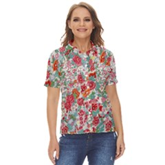 Flower Bloom Blossom Botanical Color Colorful Colour Element Digital Floral Floral Pattern Women s Short Sleeve Double Pocket Shirt