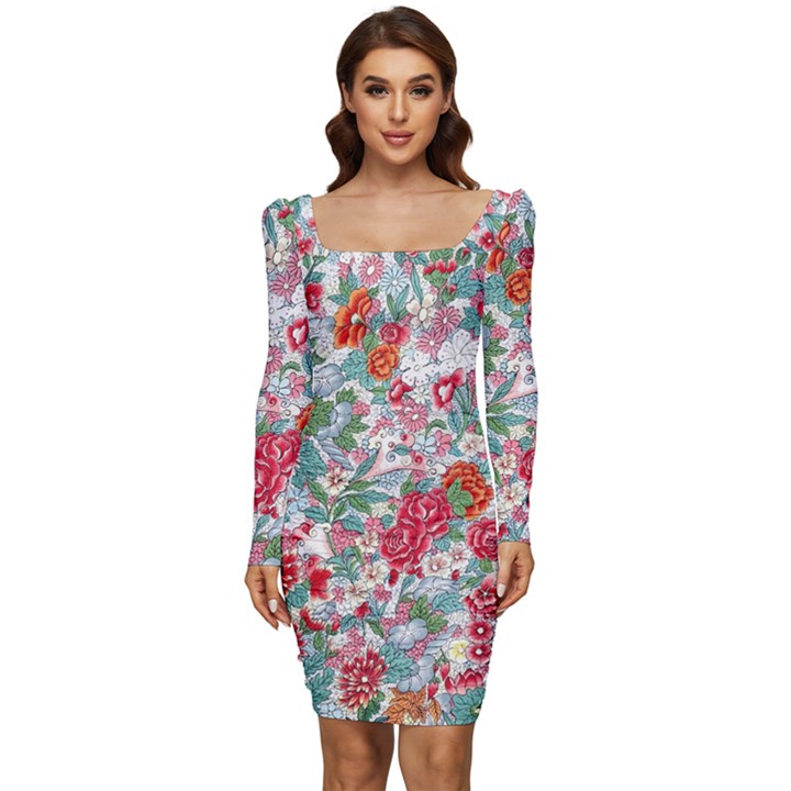 Flower Bloom Blossom Botanical Color Colorful Colour Element Digital Floral Floral Pattern Women Long Sleeve Ruched Stretch Jersey Dress