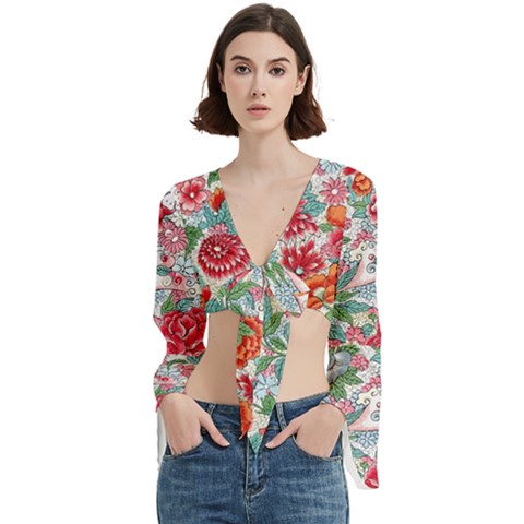 Flower Bloom Blossom Botanical Color Colorful Colour Element Digital Floral Floral Pattern Trumpet Sleeve Cropped Top by Maspions