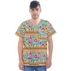 Flower Pattern Art Vintage Blooming Blossom Botanical Nature Famous Men s V-neck Scrub Top