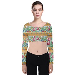 Flower Pattern Art Vintage Blooming Blossom Botanical Nature Famous Velvet Long Sleeve Crop Top