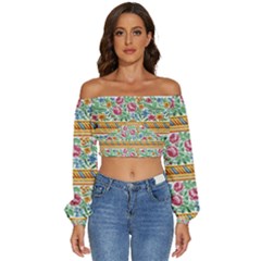 Flower Pattern Art Vintage Blooming Blossom Botanical Nature Famous Long Sleeve Crinkled Weave Crop Top