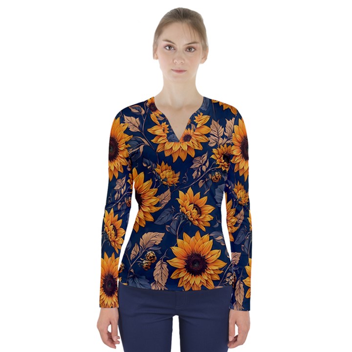 Flowers Pattern Spring Bloom Blossom Rose Nature Flora Floral Plant V-Neck Long Sleeve Top