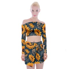 Flowers Pattern Spring Bloom Blossom Rose Nature Flora Floral Plant Off Shoulder Top With Mini Skirt Set