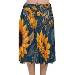 Flowers Pattern Spring Bloom Blossom Rose Nature Flora Floral Plant Velvet Flared Midi Skirt