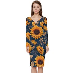 Flowers Pattern Spring Bloom Blossom Rose Nature Flora Floral Plant Long Sleeve V-neck Bodycon Dress  by Maspions