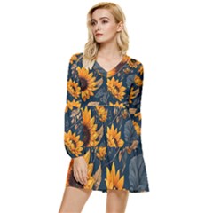 Flowers Pattern Spring Bloom Blossom Rose Nature Flora Floral Plant Tiered Long Sleeve Mini Dress