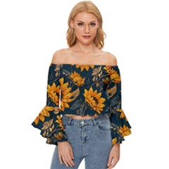 Flowers Pattern Spring Bloom Blossom Rose Nature Flora Floral Plant Off Shoulder Flutter Bell Sleeve Top by Maspions