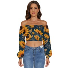 Flowers Pattern Spring Bloom Blossom Rose Nature Flora Floral Plant Long Sleeve Crinkled Weave Crop Top