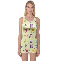 Seamless Pattern Musical Note Doodle Symbol One Piece Boyleg Swimsuit by Apen