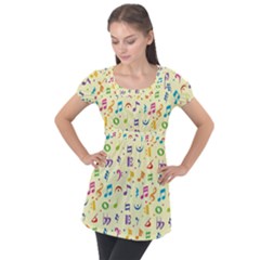 Seamless Pattern Musical Note Doodle Symbol Puff Sleeve Tunic Top by Apen