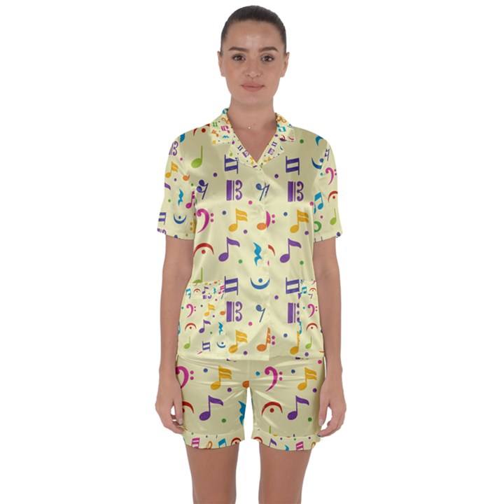 Seamless Pattern Musical Note Doodle Symbol Satin Short Sleeve Pajamas Set