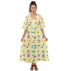 Seamless Pattern Musical Note Doodle Symbol Kimono Sleeve Boho Dress by Apen