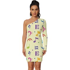 Seamless Pattern Musical Note Doodle Symbol Long Sleeve One Shoulder Mini Dress by Apen