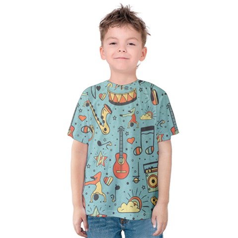 Seamless Pattern Musical Instruments Notes Headphones Player Kids  Cotton T-shirt by Apen