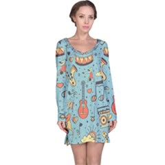 Seamless Pattern Musical Instruments Notes Headphones Player Long Sleeve Nightdress by Apen