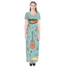 Seamless Pattern Musical Instruments Notes Headphones Player Short Sleeve Maxi Dress by Apen