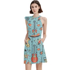 Seamless Pattern Musical Instruments Notes Headphones Player Cocktail Party Halter Sleeveless Dress With Pockets by Apen