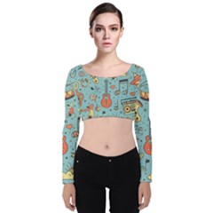 Seamless Pattern Musical Instruments Notes Headphones Player Velvet Long Sleeve Crop Top by Apen