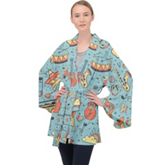 Seamless Pattern Musical Instruments Notes Headphones Player Long Sleeve Velvet Kimono  by Apen