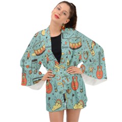 Seamless Pattern Musical Instruments Notes Headphones Player Long Sleeve Kimono by Apen