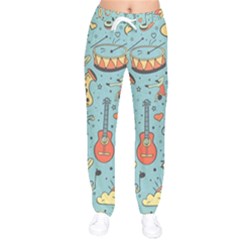 Seamless Pattern Musical Instruments Notes Headphones Player Women Velvet Drawstring Pants by Apen