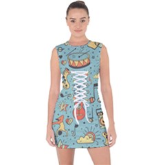 Seamless Pattern Musical Instruments Notes Headphones Player Lace Up Front Bodycon Dress by Apen