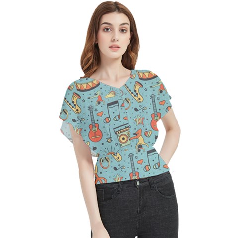 Seamless Pattern Musical Instruments Notes Headphones Player Butterfly Chiffon Blouse by Apen