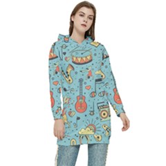 Seamless Pattern Musical Instruments Notes Headphones Player Women s Long Oversized Pullover Hoodie by Apen