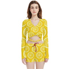 Lemon Fruits Slice Seamless Pattern Velvet Wrap Crop Top And Shorts Set by Apen