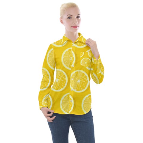 Lemon Fruits Slice Seamless Pattern Women s Long Sleeve Pocket Shirt by Apen