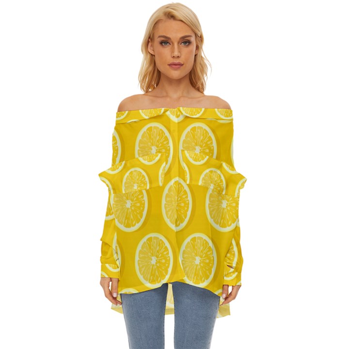 Lemon Fruits Slice Seamless Pattern Off Shoulder Chiffon Pocket Shirt