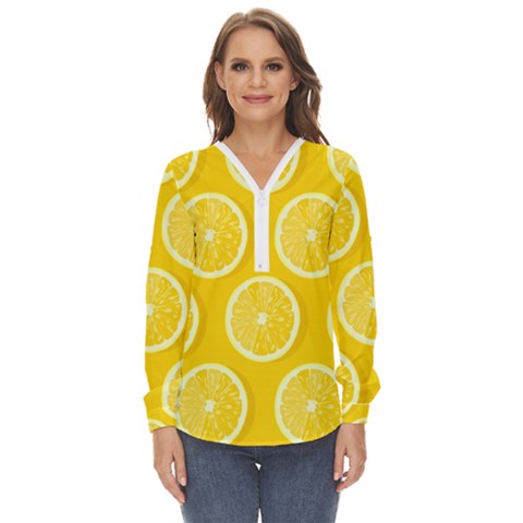 Lemon Fruits Slice Seamless Pattern Zip Up Long Sleeve Blouse by Apen