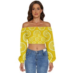 Lemon Fruits Slice Seamless Pattern Long Sleeve Crinkled Weave Crop Top by Apen