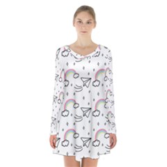 Cute Art Print Pattern Long Sleeve Velvet V-neck Dress