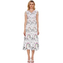 Cute Art Print Pattern V-Neck Drawstring Shoulder Sleeveless Maxi Dress