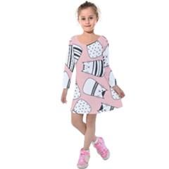 Cute Cats Cartoon Seamless-pattern Kids  Long Sleeve Velvet Dress by Apen